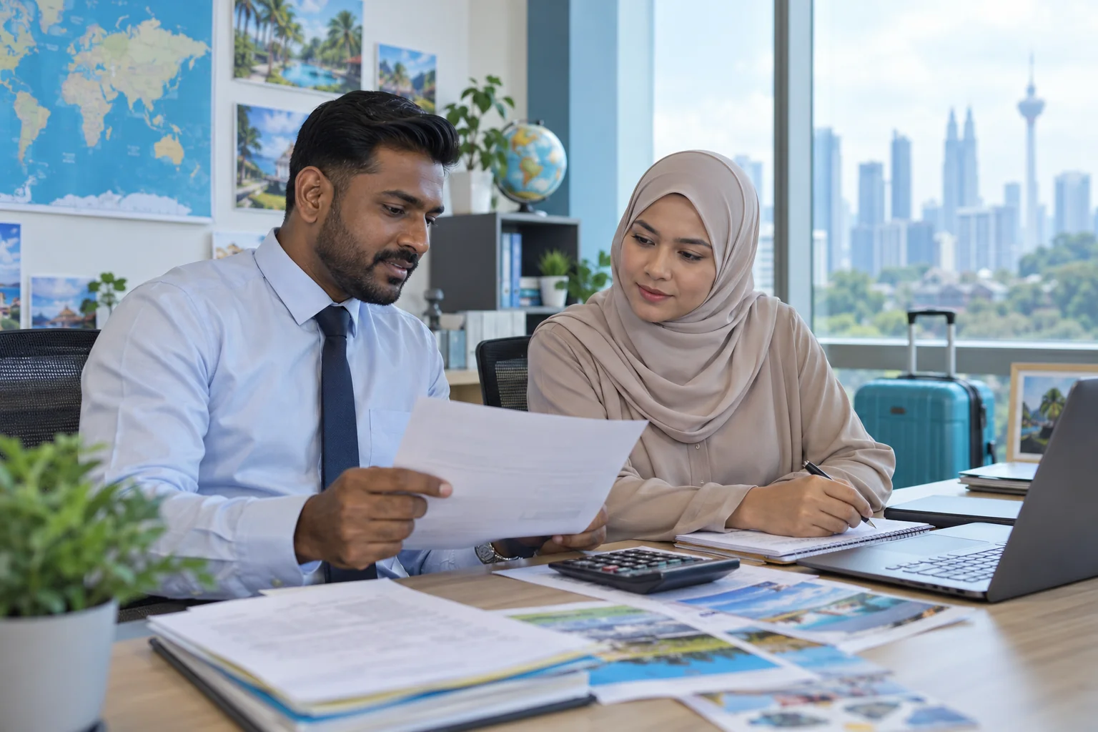 Malaysian finance colleagues reviewing invoices; a woman wears a modest taupe hijab.
