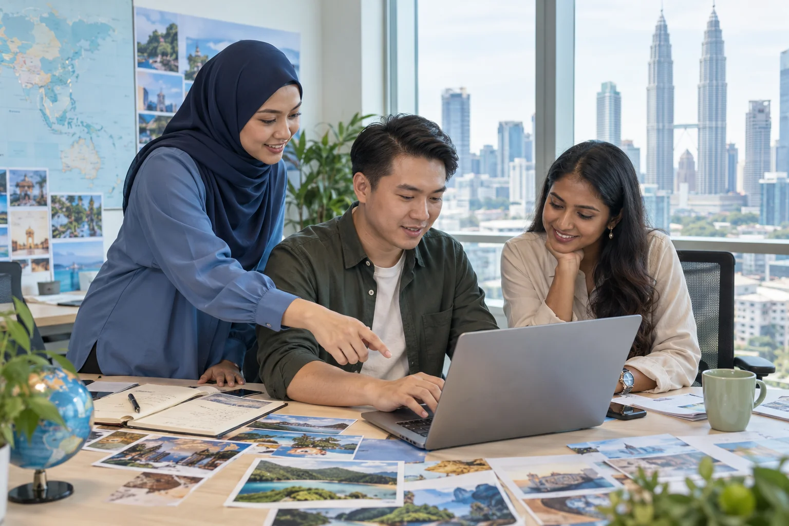 Malaysian marketing colleagues collaborating on a travel campaign; a woman wears a modest navy hijab.