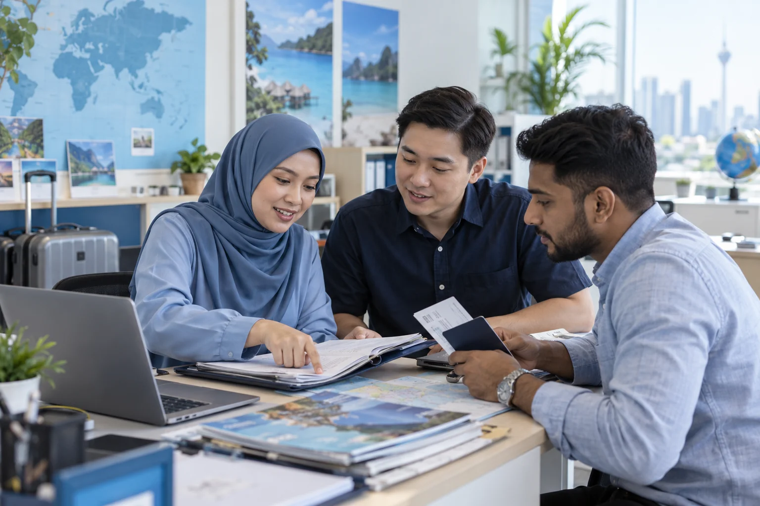 Malaysian operation colleagues reviewing a departure manifest; a woman wears a modest blue hijab.