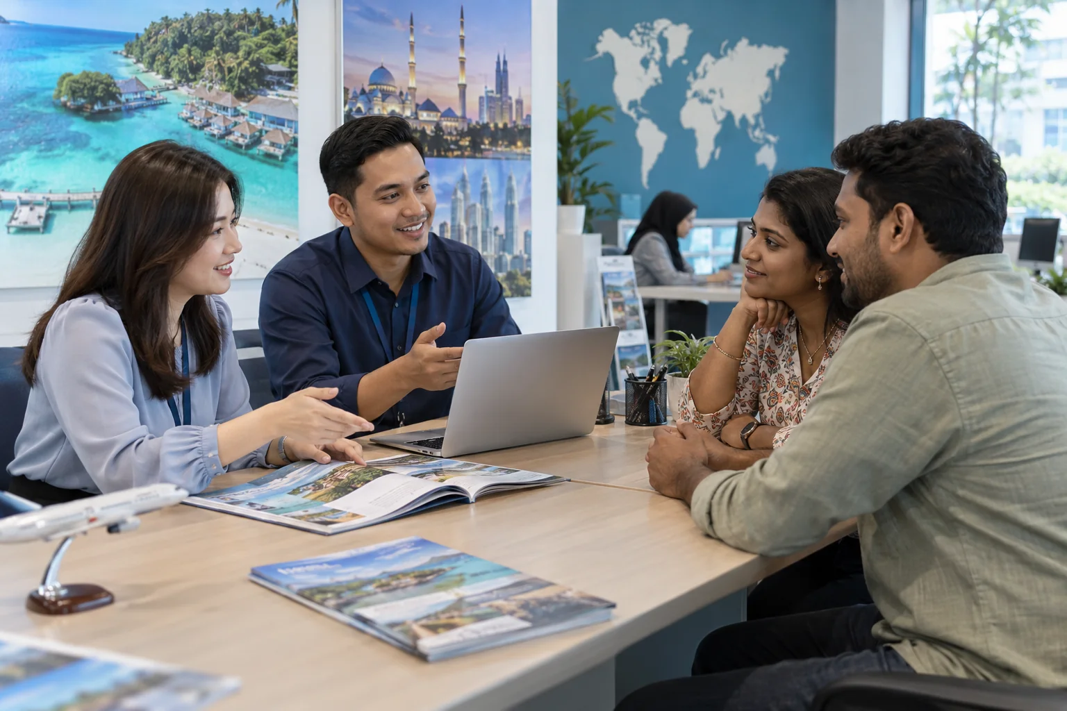 Malaysian sales consultants discussing a travel package with customers at an agency desk.