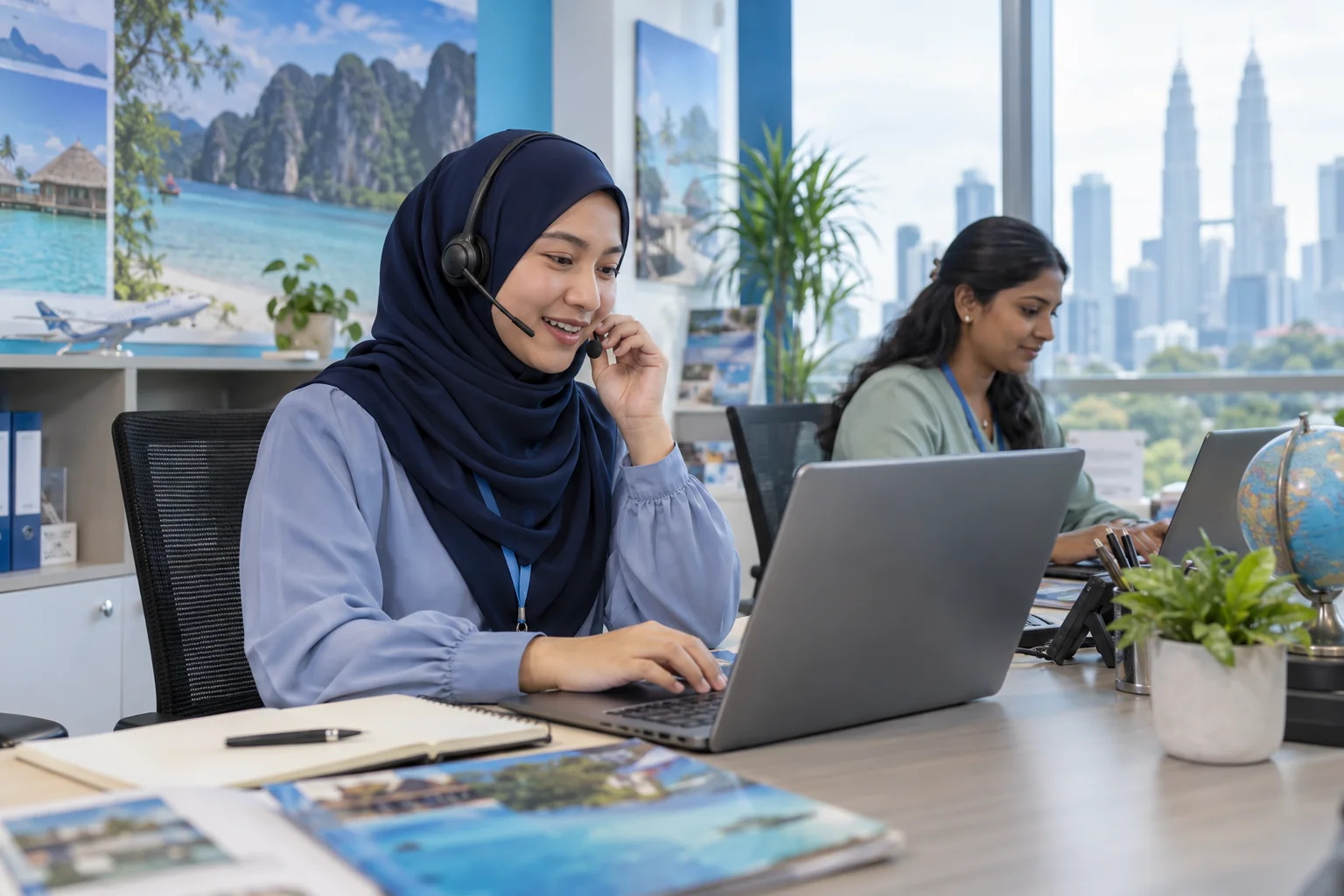 A Malaysian customer service advisor in a modest navy hijab helping a traveller by phone.